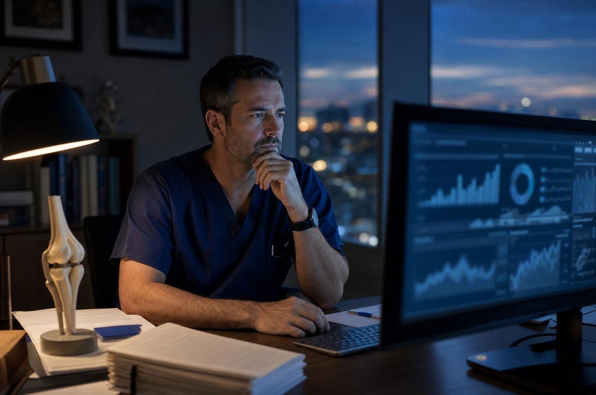 An orthopedic surgeon reviewing episode cost and quality dashboards in his office at dusk
