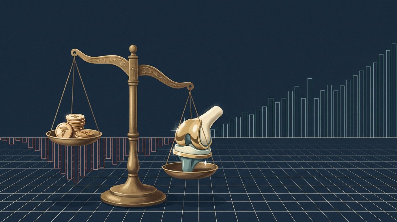 Editorial illustration: a brass balance scale weighing a total knee implant against a small stack of coins, against a navy ledger backdrop