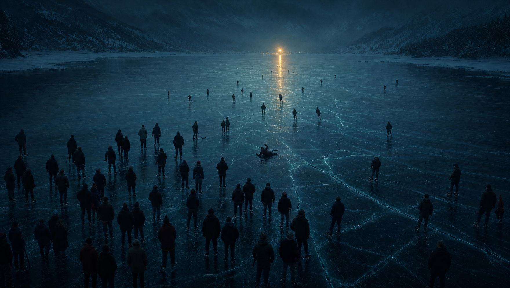 A vast frozen lake at blue hour. Dozens of small figures stand near the viewer while a few skate toward a distant gold light. One figure has fallen.