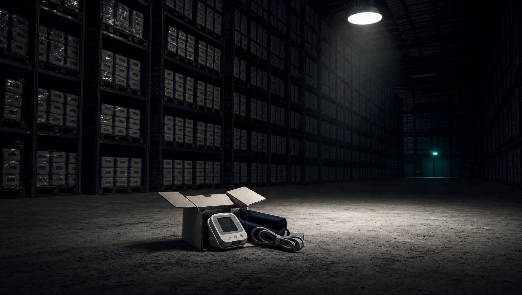 A vast dim warehouse stacked with thousands of sealed medical device boxes. One box sits opened on the floor under a single work lamp, its blood pressure cuff unused.