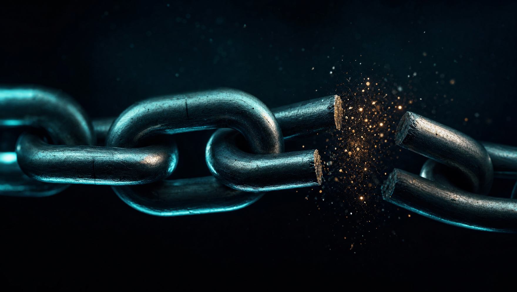 Three steel chain links in dark space. The first two are intact and rim-lit in teal. The third is fractured clean through, with gold sparks in the gap.
