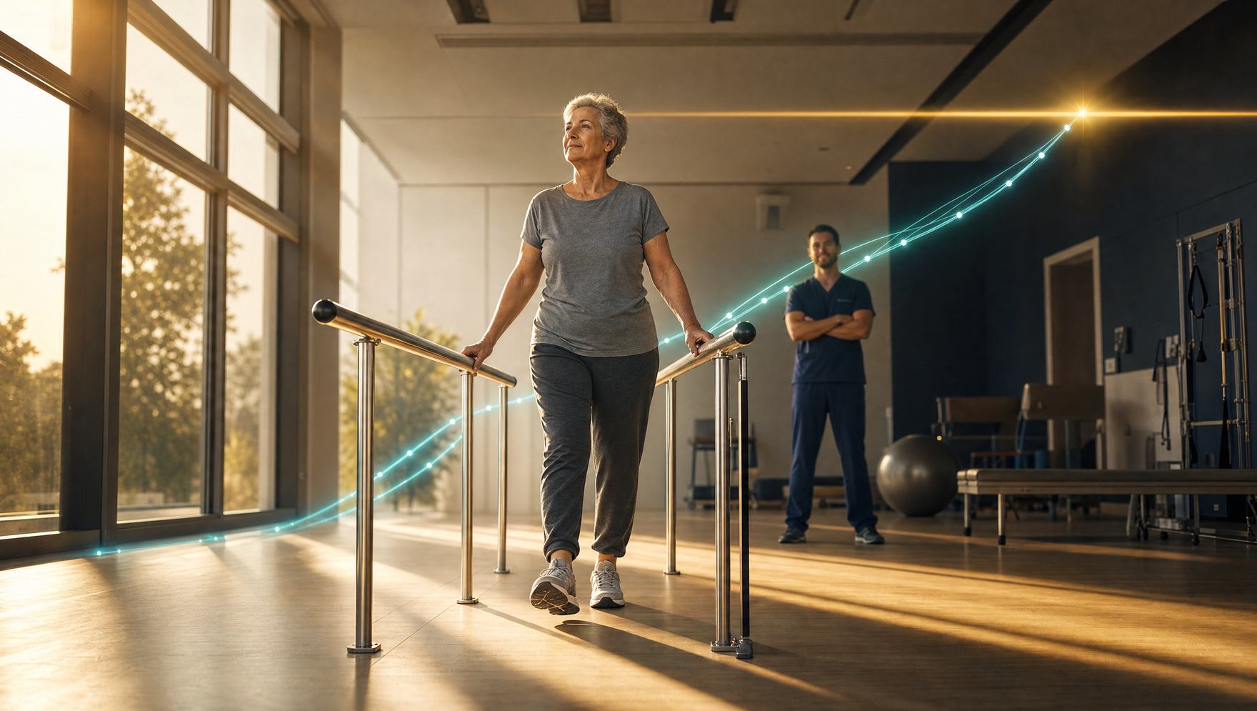 A rehabilitation gym at golden hour. An older adult walks unaided along parallel bars while a clinician watches. A luminous teal curve rises and crosses a gold threshold line.