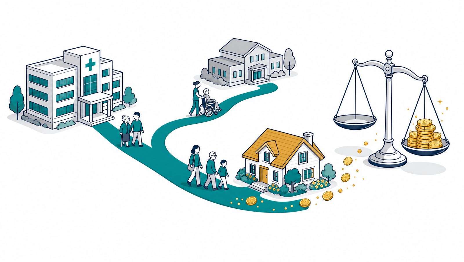 Editorial illustration: patients leave a hospital on a teal path that forks toward a nursing facility and toward homes, with savings flowing to a balance scale