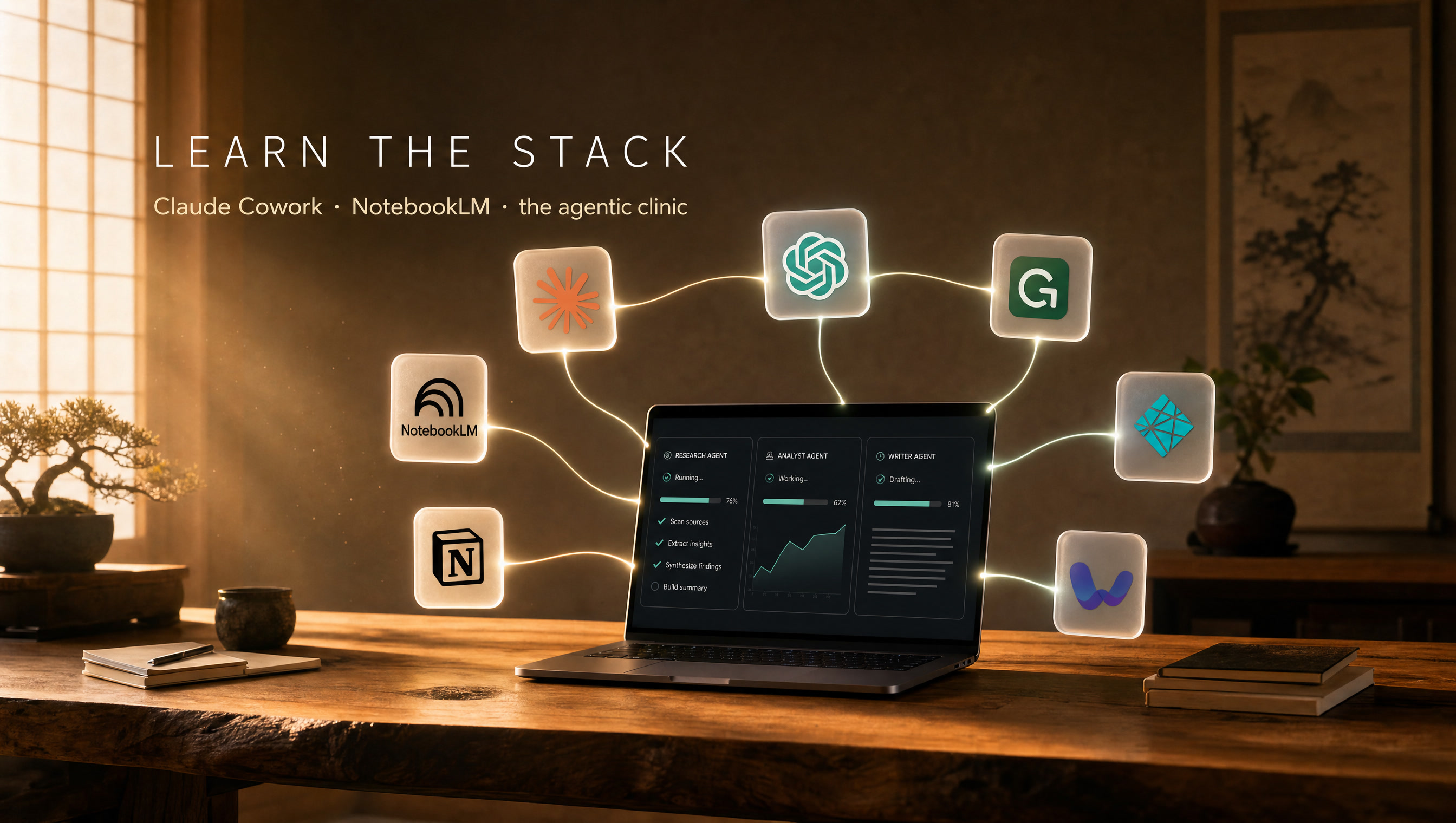 The Techy Surgeon stack: Claude, ChatGPT, NotebookLM, Notion, Granola, Netlify and Wispr Flow wired into one agentic workflow