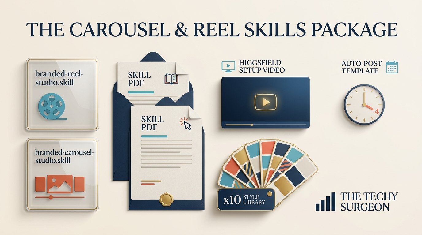 The Carousel and Reel Skills Package: two installable Claude skills, readable skill PDFs, the 16-register Style Lookbook, the Higgsfield setup video, and the auto-post template.