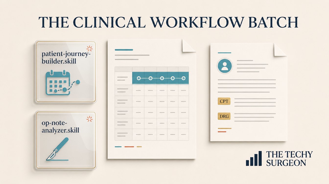 The Clinical Workflow batch: Patient Journey Builder and Op Note Analyzer skills with journey spreadsheet and coded operative note.
