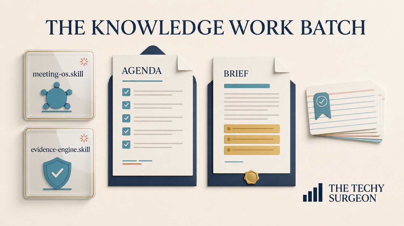 The Knowledge Work batch: Meeting OS bundle and Evidence Engine skills with agendas, briefs, and verified citations.