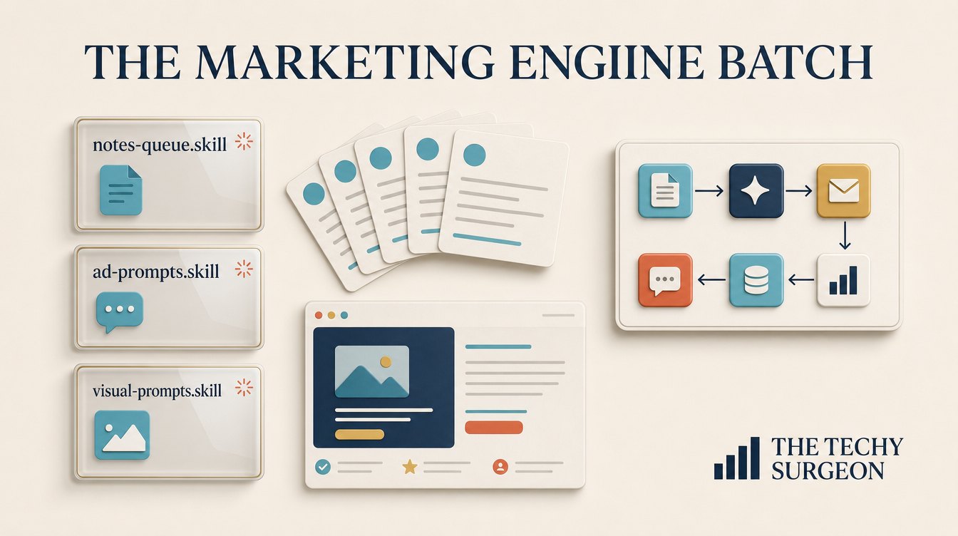 The Marketing Engine batch: Substack notes queue, ad prompts, and workflow visual prompts.