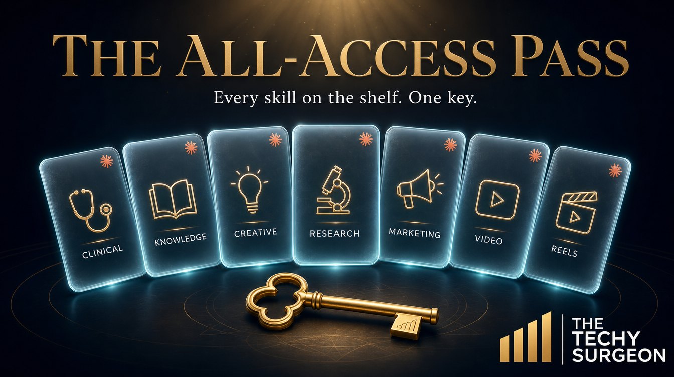 The All-Access Pass: seven glowing skill batch cards — clinical, knowledge, creative, research, marketing, video, reels — unlocked by one gold key.