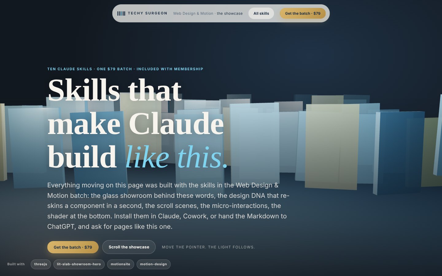 The Web Design and Motion batch: ten installable Claude skills for sites that move, shown as a glowing glass showroom of slabs.