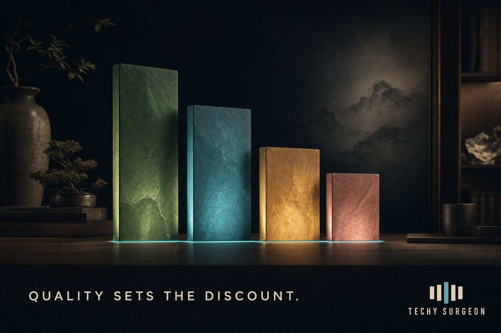 Four lit stone tiles stepping down from green to teal to gold to rose — quality sets the discount