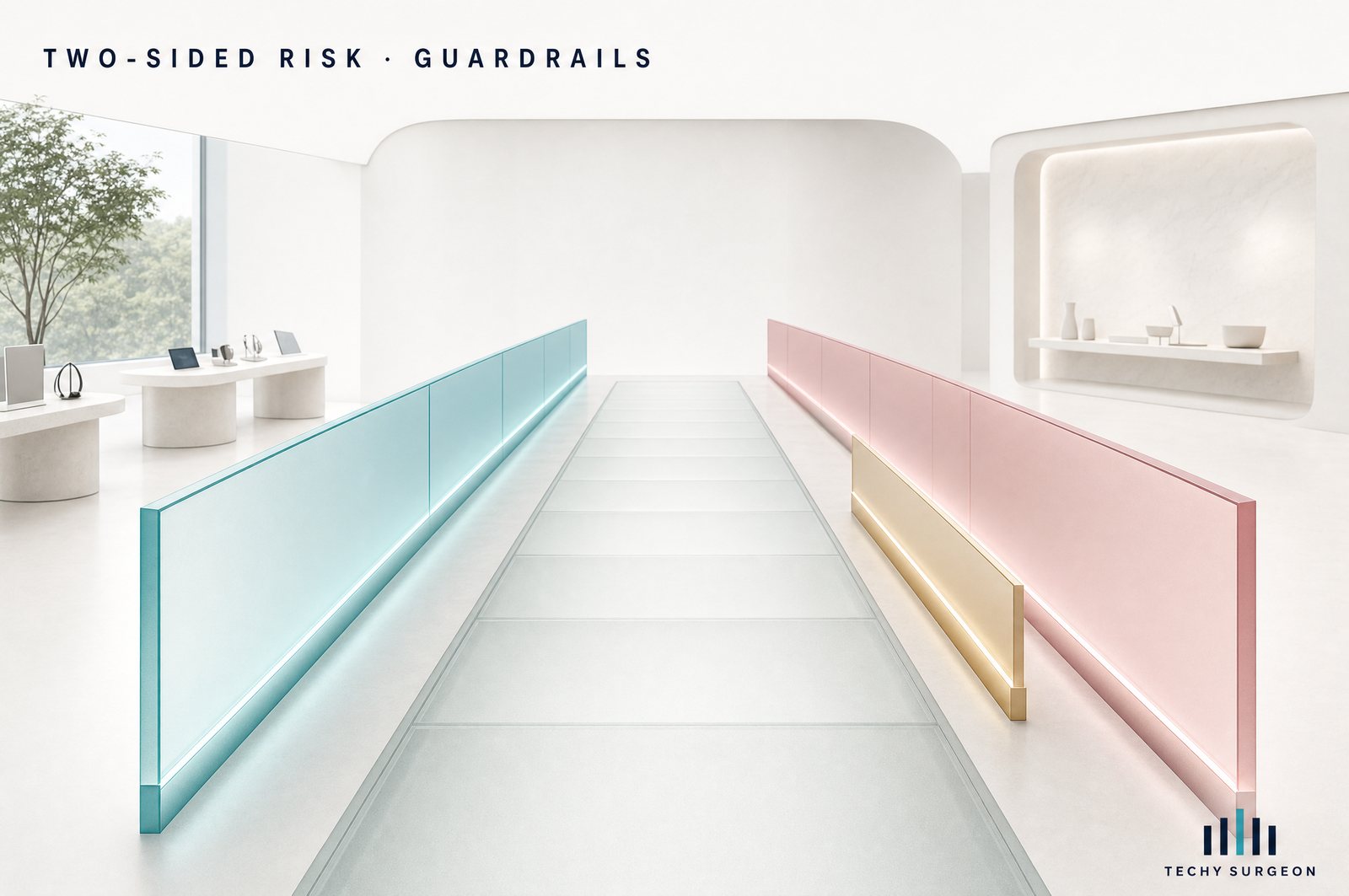 A glass runway with a teal rail and a rose rail, plus a shorter gold rail — two-sided risk with guardrails