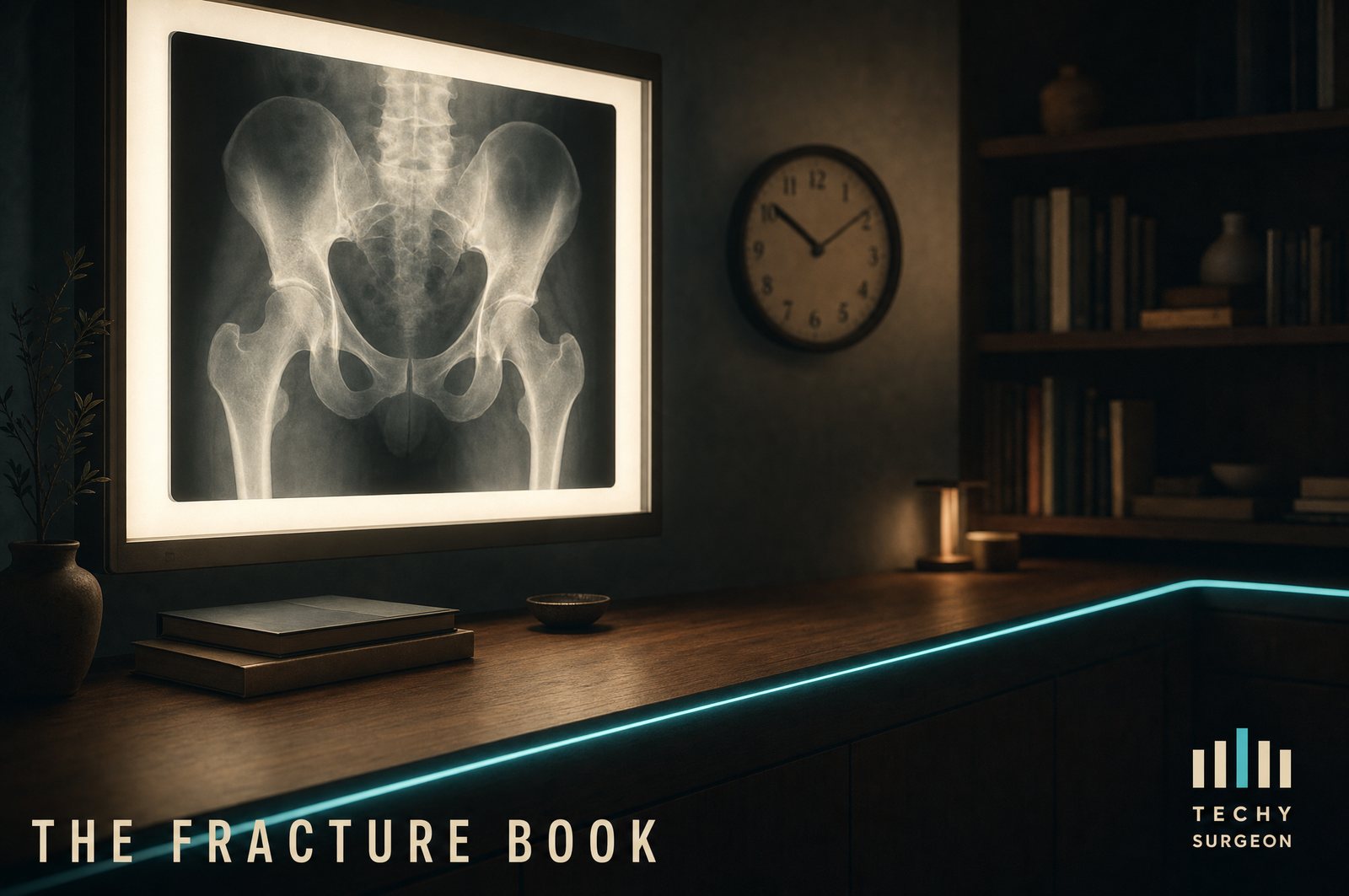 A hip radiograph on a lightbox in a quiet reading room — the fracture book
