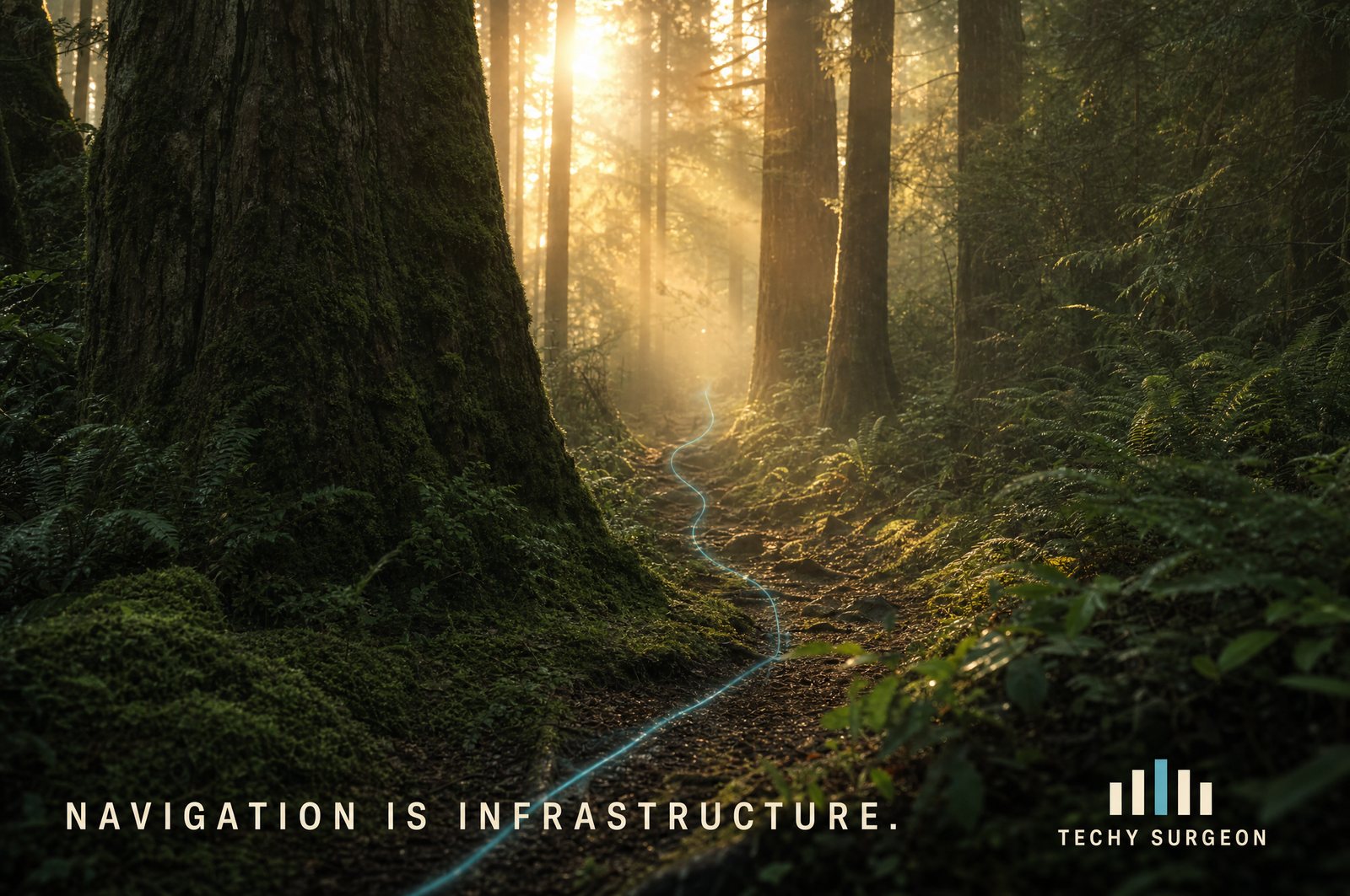 A forest path in golden mist with a teal data filament braided through the moss — navigation is infrastructure