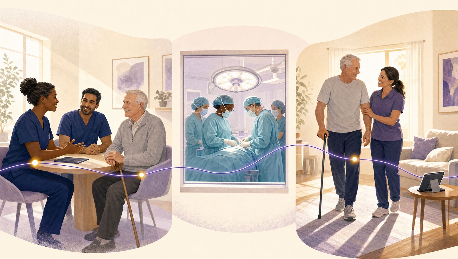 Illustration: a care team meets a patient in clinic, surgery, and the same patient walking at home with a physical therapist, linked by a thin purple data line.