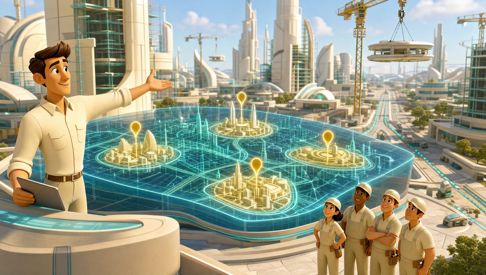 A cartoon city architect points at a glowing holographic master plan of a futuristic city under construction, four districts marked in gold