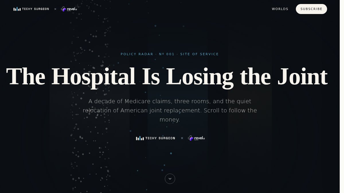 Dark cinematic title screen: The Hospital Is Losing the Joint, with particles migrating between three glowing columns