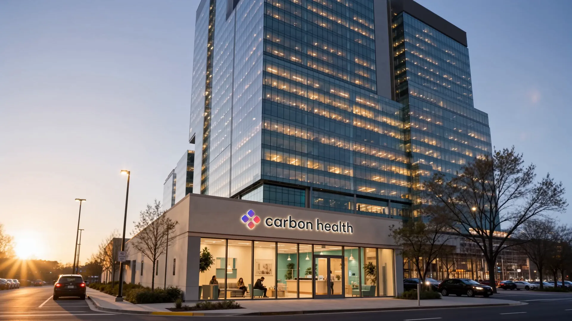 A Carbon Health clinic storefront at golden hour, dwarfed by the glass office tower behind it